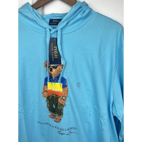 Polo Ralph Lauren Shirt Mens XL Blue Hooded Long Sleeve Polo Bear Tee New w/Tags